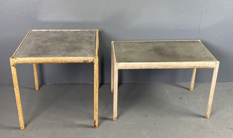 Two Rustic Metal and Mirrored Top Side Tables