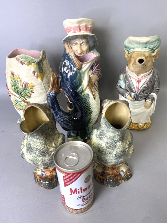 Group of 7 Pitchers Including Majolica Fish (1 of 17)