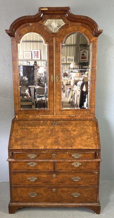 Georgian Walnut Double Dome Bureau Bookcase: Georgian Walnut Double Dome Bureau Bookcase. 88 1/2"h x 40 1/4"w x 23"d Condition: Some loss of veneer, cracks, overall wear.