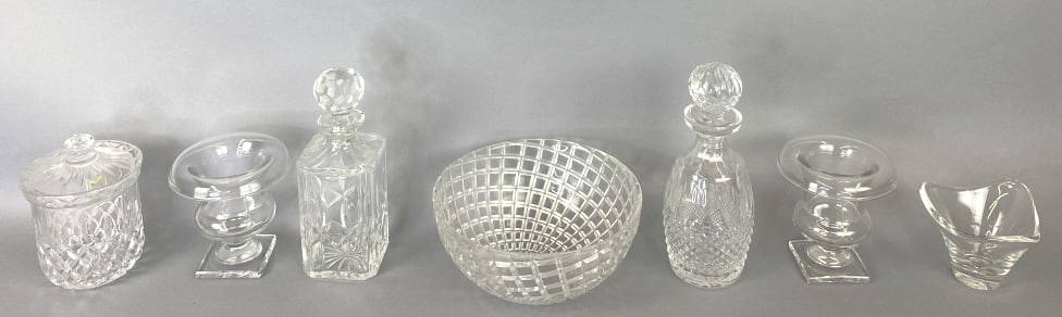 Group of Table Articles: Groupi of Table Articles including Waterford crystal decanter, large bowl, small bowl, 2 vases and a covered dish. Tallest: 10 3/4"h Condition: Good.