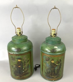 Pair of Green Tole Tea Canisters as Lamps