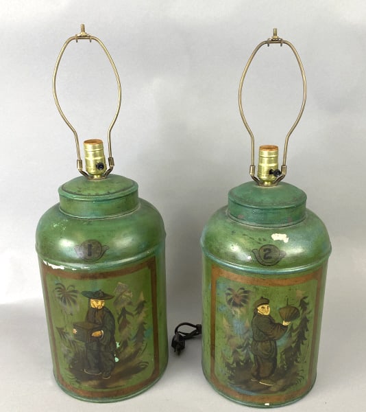 Pair of Green Tole Tea Canisters as Lamps (1 of 5)