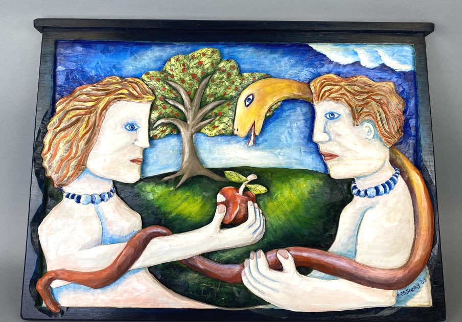Mary Shelley Large "Adam & Eve II": Mary Shelley Large "Adam & Eve II". Carved wood and painted, signed (lr). 23"h x 31 1/2"w Condition: Good.