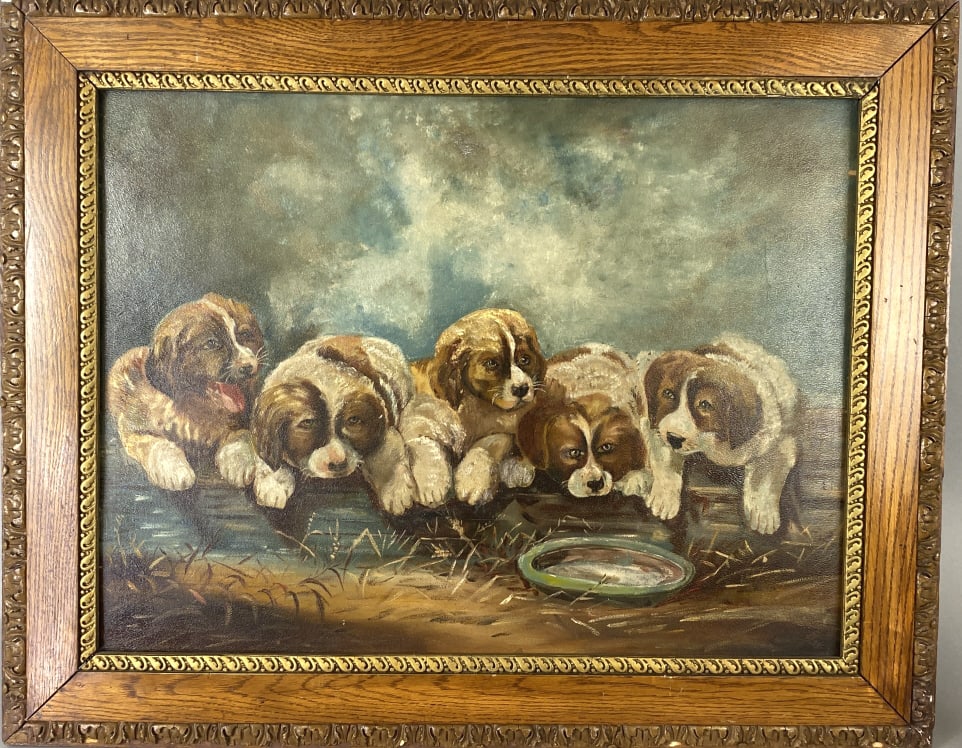 Group of Five Puppies on Log: Group of Five Puppies on Log. Oil on board, unsigned. 17 1/2"h x 23 1/2"w Condition: Some loss of gesso to frame.