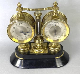 Brass Clock Barometer Thermometer and Compass: 19th C. Brass Clock Barometer, Thermometer, and Compass. 10 1/2"h x 10 1/2"w x 5 1/4"d Condition: Untested, needs cleaning.