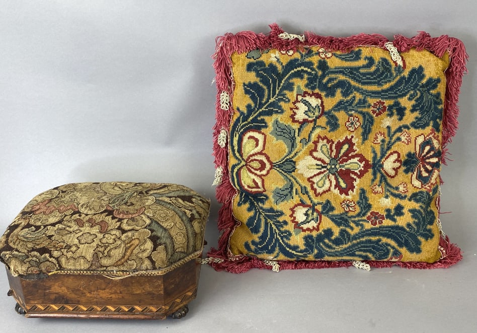 Needlepoint Box and Cushion: Needlepoint Box and Cushion. Cushion: 20"h x 18"w Condition: Overall wear, loose molding, worn and loose welts.