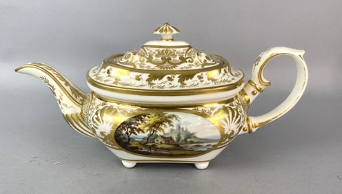 19th C. Derby Porcelain Topographical Tea Pot
