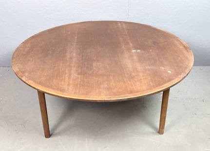Danish Modern Teak Low Table: Danish Modern Teak Low Table. 15 1/2"h x 43 1/4"diam. Condition: Overall wear, crack to one leg, see photo.