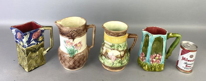 4 Majolica Style Pitchers