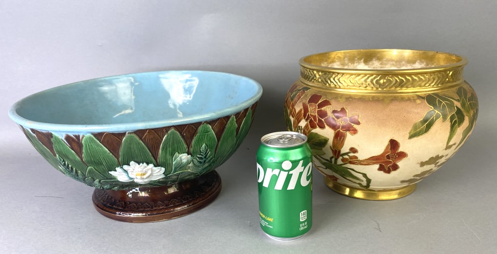 Joseph Holdcroft Style Bowl w/ Other: 19th C. Joseph Holdcroft Style Majolica Lily Bowl. New England Style Floral Jardiniere Initialed JB 6 1/4"h x 13 1/2"diam. Condition: Some minor scratches, firing crack on bottom.