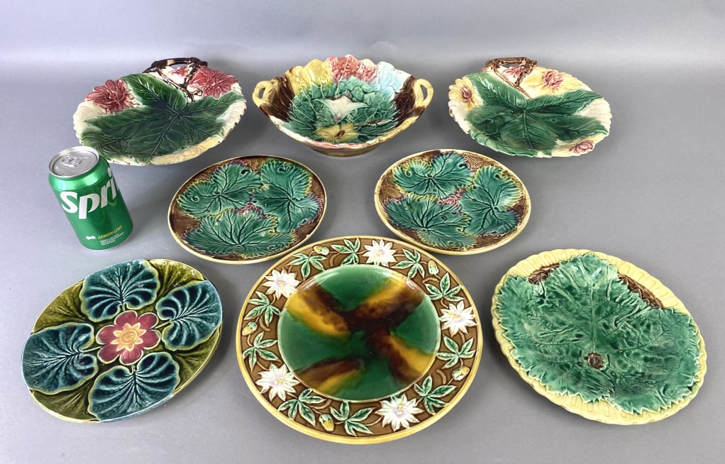 Group of 8 Majolica Style Plates: Group of 8 Majolica Style Plates. Tallest: 2 1/4"h Condition: Some chips, hairlines.