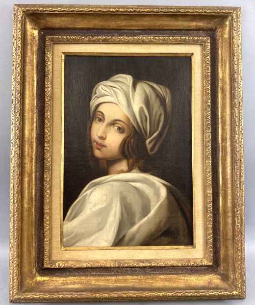 After Guido Reni Portrait: After Guido Reni Portrait of Beatrice Cenci. Oil on Canvas, unsigned. Sight: 20 "h x 13 1/2"w Condition: Relined.