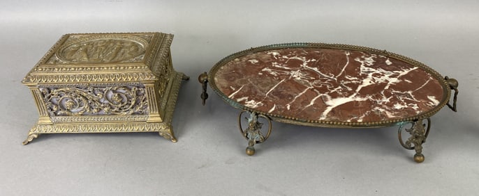 Bronze & Slag Glass Jewelry Casket w/ Other