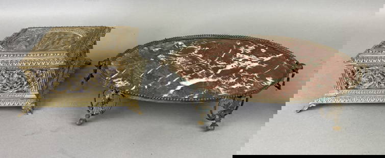 Bronze & Slag Glass Jewelry Casket w/ Other: Bronze & Slag Glass Jewelry Casket w/ bronze & marble tray. Tray: 2 3/4"h x 16 3/4"w x 9 1/2"d Condition: Broken mirror to jewelry box.