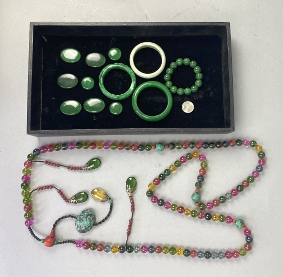 Grouping of Jade Items W/ Beaded Necklace: Grouping of Jade Items W/ Beaded Necklace. Necklace: 65"long Condition: Good.