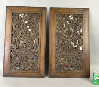 Pair of Carved Oak and Mirrored Panels