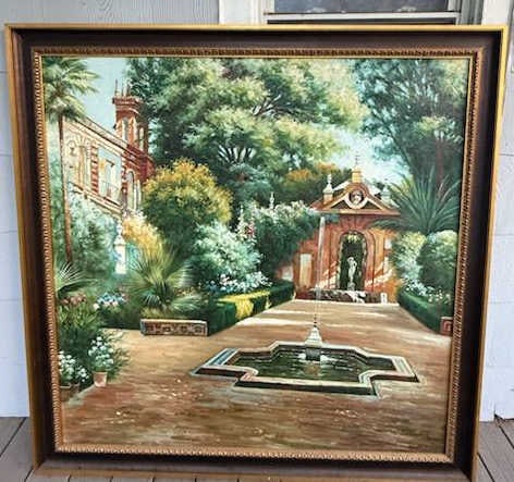 After Manual Rodriquez "Garden in Seville": After Manual Rodriquez "Garden in Seville". Oil on canvas, signed Williams (lr). Sight: 51 1/2"h x 51 1/2"w Condition: Good.