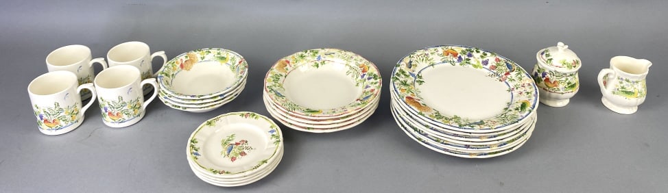 Gien France Partial Dinner Service: Gien France Partial Dinner Service. "Villa Medicis" pattern. Comprising of: 7 dinner plates 4 soup bowls 4 dessert bowls 4 side plates 4 mugs 1 creamer & sugar Dinner plate: 10 3/4"diam. Condition: Ch