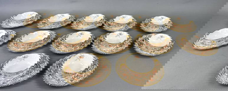 12 Spode Regency Orange & Gold Set: 12 Spode Regency Orange & Gold soup bowls & saucers. Saucer: 8"diam. Condition: Good.
