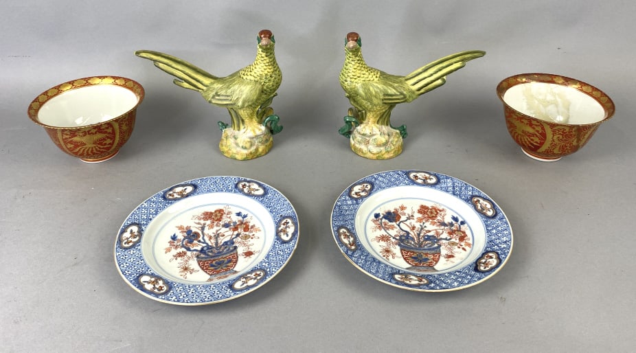 Group of Asian Porcelain Articles: Group of Asian Porcelain Articles. Comprising of: 2 Porcelain birds Group of Asian Porcelain Articles. 2 porcelain Bowls 2 porcelain plates Tallest: 8"h Condition: Old repair & chip to one bowl. Firin