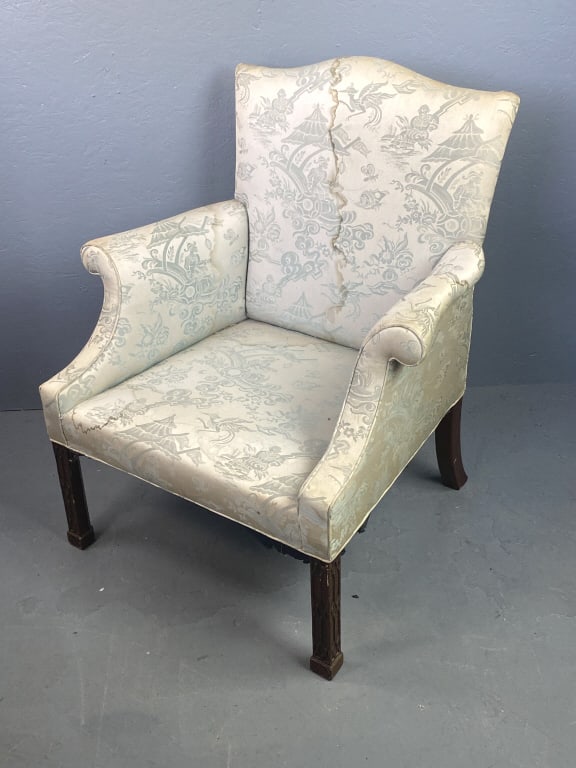 19th C English Upholstered Armchair: 19th C English Upholstered Armchair. 40 1/2"h x 34 1/2"w x 29"d Condition: Stains to fabric, some house hold paint on legs, scratches and scuffs to legs.