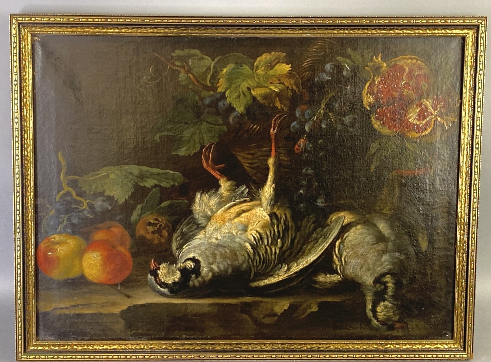 19th C. Still Life of Game & Fruit: 19th C. Still Life of Game & Fruit. Sight: 15 1/2"h x 21 1/2"w Condition: Relined.