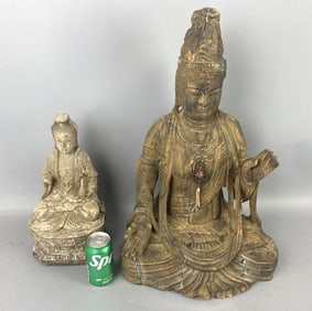 2 Carved Wooden Seated Figures of Guanyin