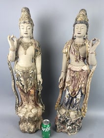 2 Chinese Wood Carved Guanyin Statues