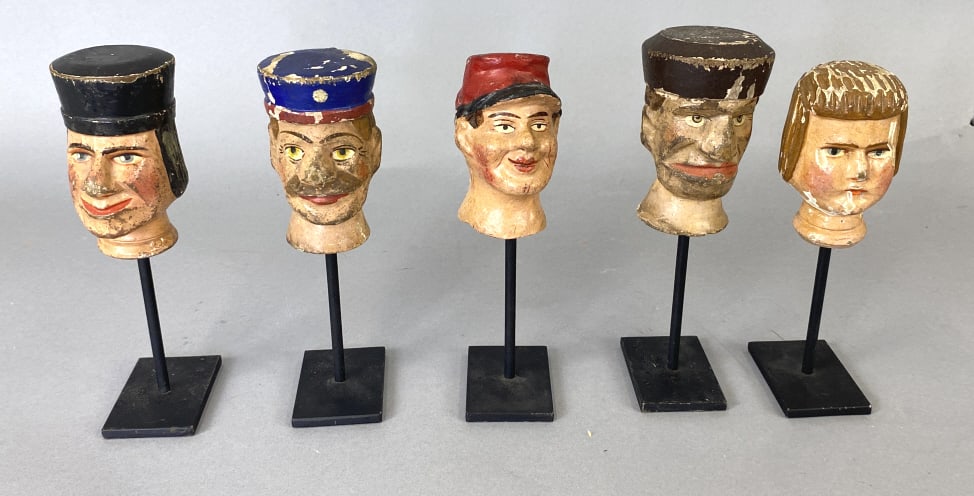 Group of 5 Painted Wood Carved Heads: Group of 5 Painted Wood Carved Heads. Tallest: 8 1/2"h Condition: Overall wear, loss of paint.