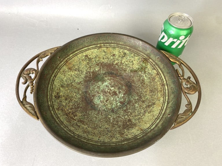 Carl Sorensen Verdigris Bronze Charger: Carl Sorensen Verdigris Bronze Charger #95-2321. 2 1/2"h x 14 1/4"w x 11 1/2"d Condition: Old patina.