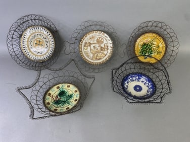 5 Plates in Wire Baskets Majolica & Others