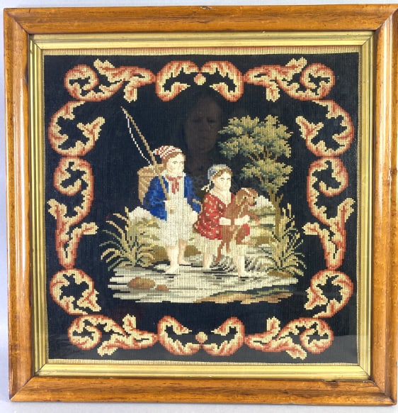 19th C. Needlepoint of Couple Fishing (1 of 3)