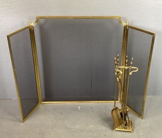 Brass Fire Screen and Fire Tools