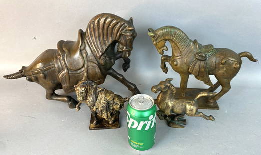4 Bronze & Brass Horse Sculptures: 4 Bronze & Brass Horse Sculptures. Largest: 11"h x 17"w x 4 1/2"d Condition: Old patina.