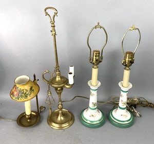 Group of 2 Porcelain & 2 Brass Lamps
