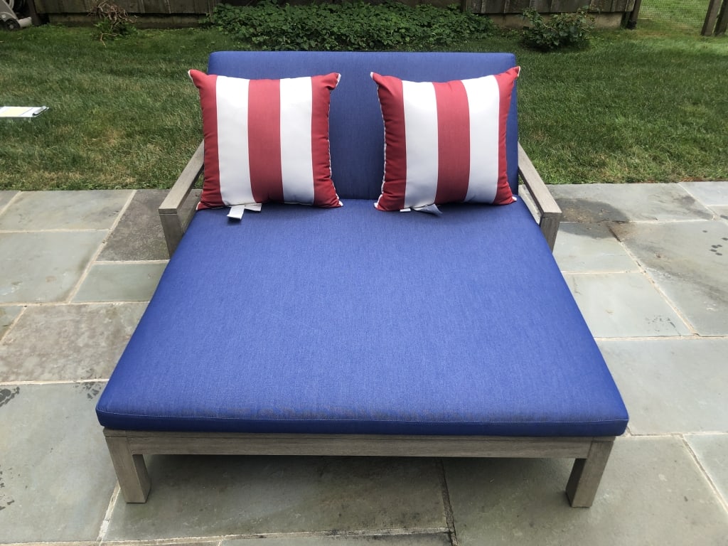 Pottery Barn Love Seat Patio Lounger: Pottery Barn Love Seat Patio Lounger down position: 33"h x 72 1/2"w x 55 3/4"d Condition: Light wear.