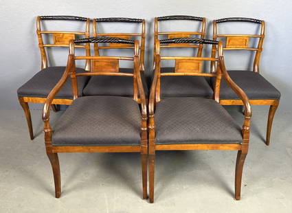Set of 6 Regency Style Dining Chairs: Set of 6 Regency Style Dining Chairs. Armchairs: 32"h x 21"w x 23"d Condition: Old repair to armchair, 1 side chair needs tightening, chip to 1 leg.