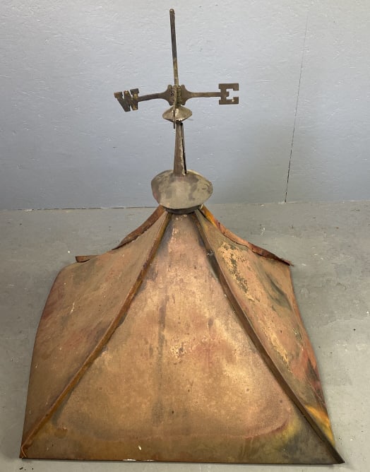 Copper Cupola w/ Directional: Copper Cupola w/ Directional. 46"h x 36"w x 35"d Condition: Fire Damage, missing the north indicator.