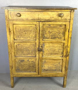 19th C. Yellow Painted Pie Safe Cabinet: 19th C. Yellow Painted Pie Safe Cabinet. One side painted red. 53 1/2"h x 40"w x 16"d Condition: Overall wear.