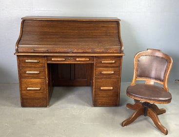 Oak S Roll Top Desk & Chair