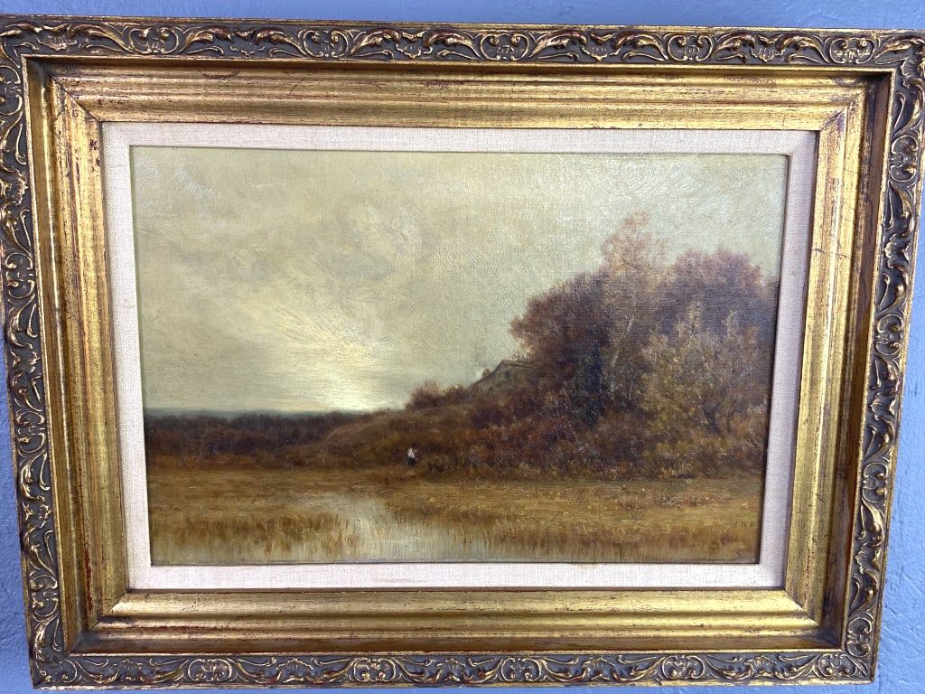 19th C. Painting of Farmer on Bank: 19th C. Painting of Farmer on Bank Oil on canvas, signed J.R.B (lr) Sight: 9 1/2"h x 14 1/2"w