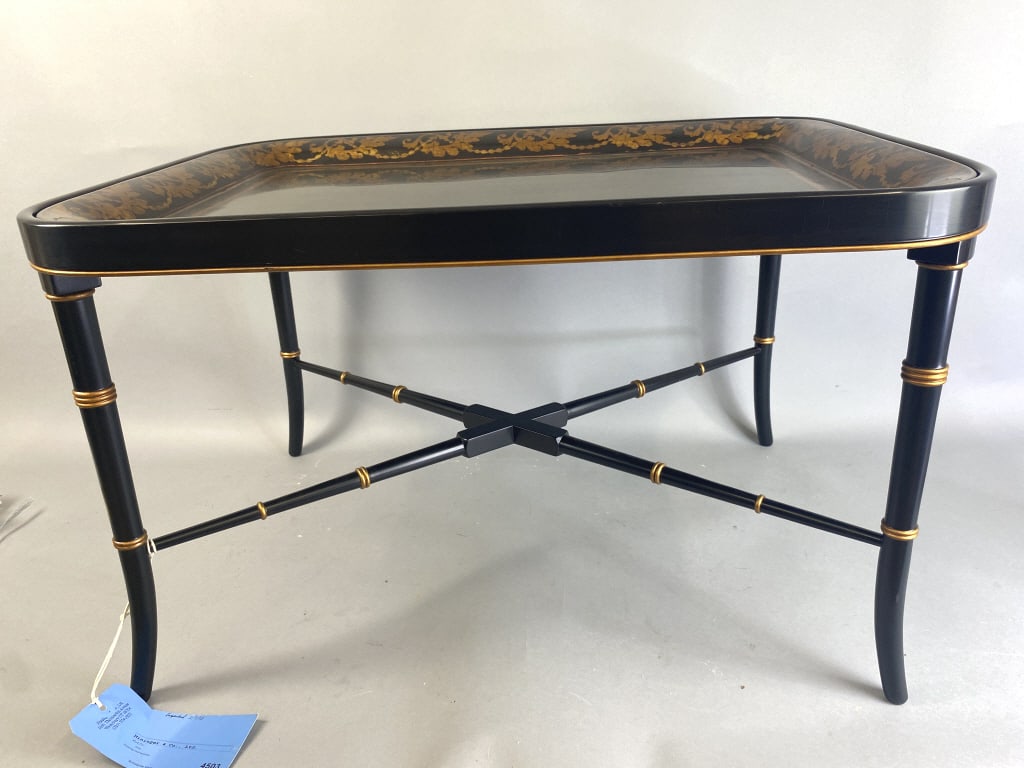 Nininger Black & Gold Tray on Stand: Nininger Black & Gold Tray on Stand Retains original label 19"h x 31"w x 23"d
