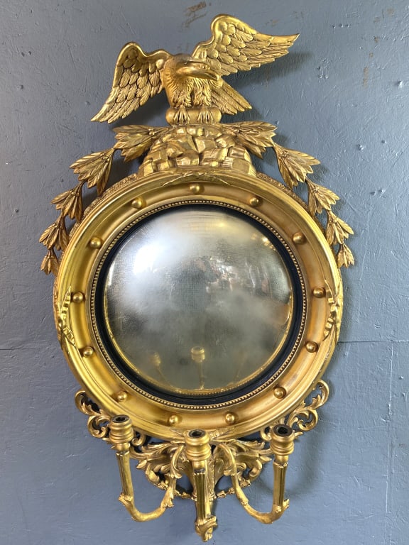 19th C. Giltwood Convex Mirror: 19th C. Giltwood Convex Mirror 45"h x 27"w