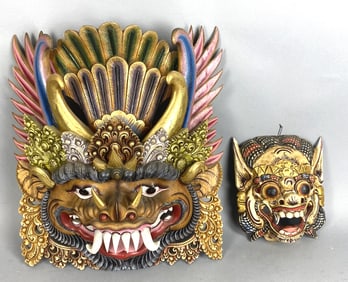 2 Thai Painted Carved Wood Masks