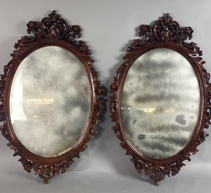Pair of Carved Wood & Beveled Mirrors