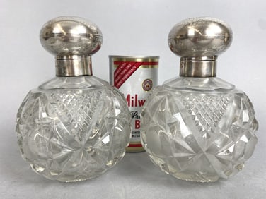 2 Antique Crystal & Sterling Silver Scent Bottles