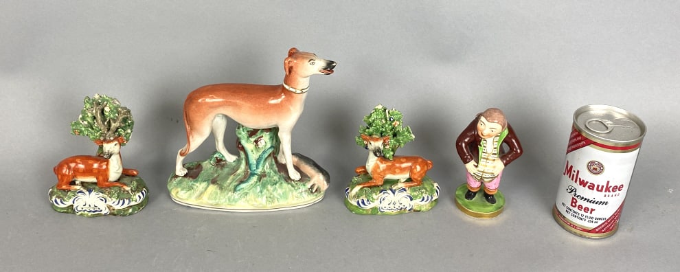 Group of Staffordshire Porcelain Animals and: Group of Staffordshire Porcelain Animals and Big Belly Man Tallest: 7"h