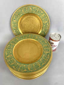 12 Cauldon England Gilt & Green Plates