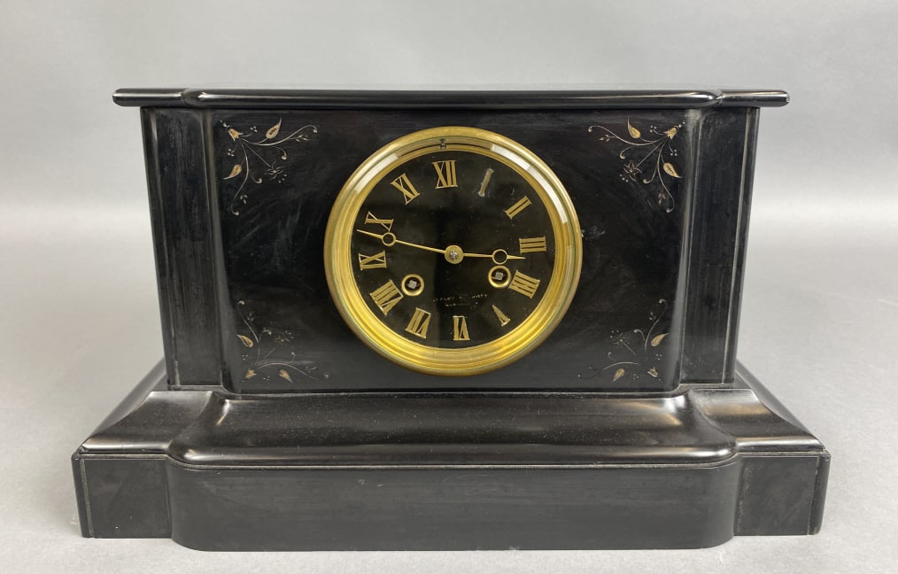 Tiffany Slate Mantel Clock w/ Bell: Tiffany Slate Mantel Clock w/ Bell 8 1/2"h x 14"w x 6 1/2"d