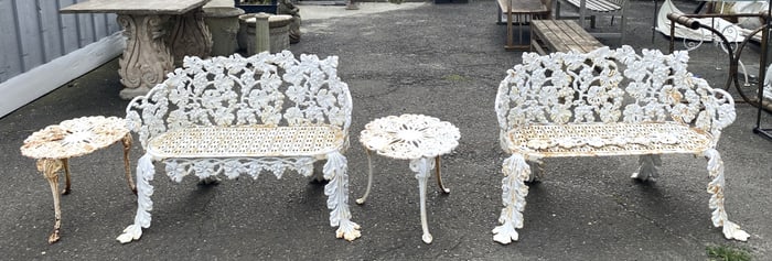 Pair of Cast Iron Benches w/ Pair of Side Tables